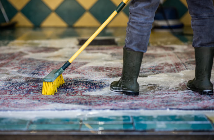 Person in boots scrubbing a rug with a broom and soapy water.