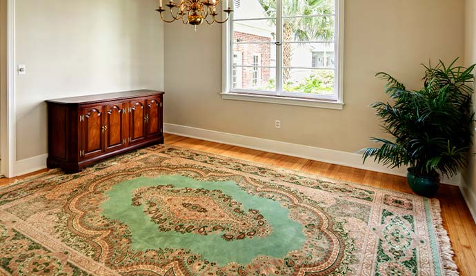 classic diningroom cabinet green tree and clean rug