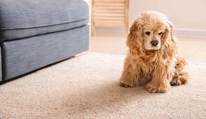 Adorable dog sitting on a rug, looking charming and relaxe