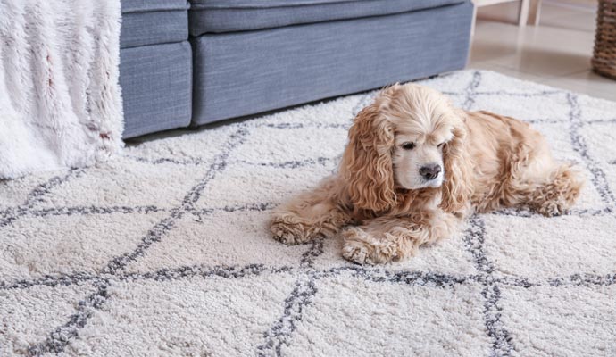 A charming pet playfully interacting with a rug, highlighting the potential for pet-induced damage to carpets.